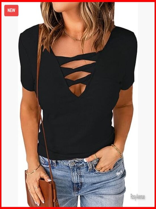 Tops - Deep V Neck Short Sleeve Ribbed Knit Blouse Sexy Casual Top